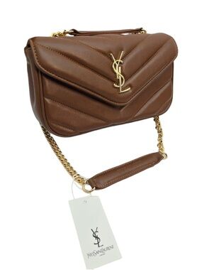 Saint Laurent Brown Chevron Quilted Leather Shoulder Bag with Gold Hardware